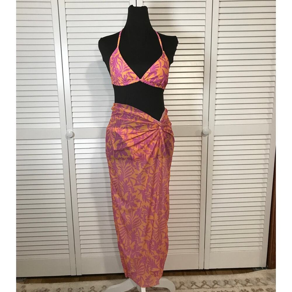 NWT Tropical Halter Triangle Top String Bikini Bottom Sarong Three Piece  S